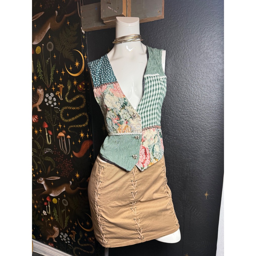Vintage Justin Thyme Ltd Patchwork Floral Gingham Vest Cottagecore Boho USA Made